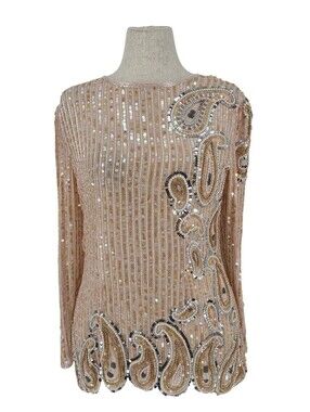 Vintage AJ Bari Silk Beaded Sequin Top 12 Blush Gold Paisley 80s 90s